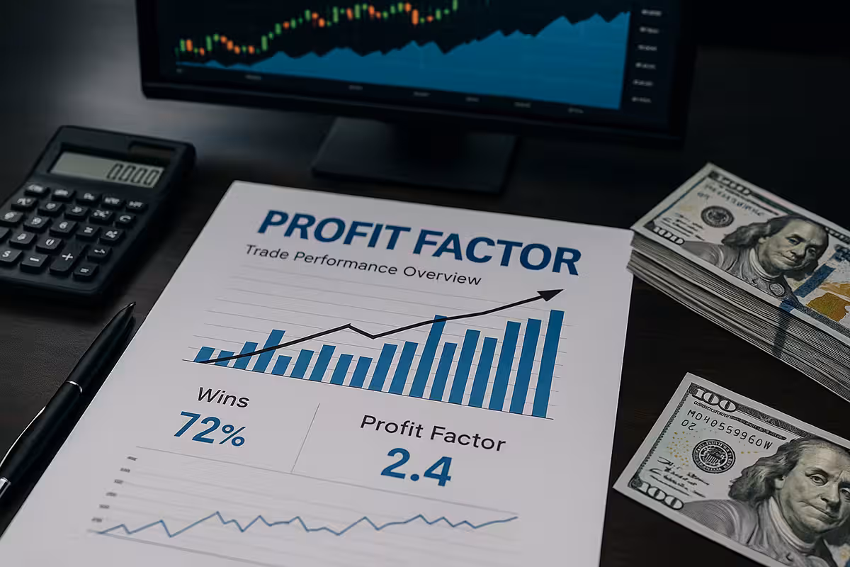 Photorealistic financial workspace showing a profit factor report with charts and key statistics, calculator, pen, and stacks of money, symbolizing analysis of profit factor in trading.