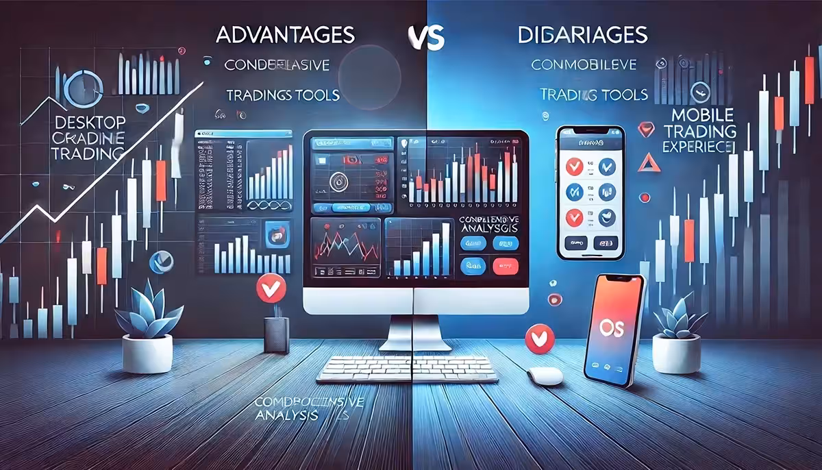 Split image with a Desktop vs. Mobile Options Trading comparison. A desktop displays complex charts on a monitor, whereas a mobile device shows charts on a phone.