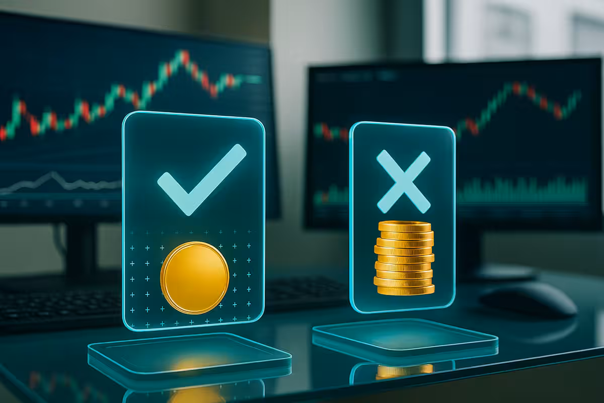 Photorealistic image of a modern trading desk with dual monitors and glowing charts, symbolizing ETFs vs. Individual Stocks in options trading.