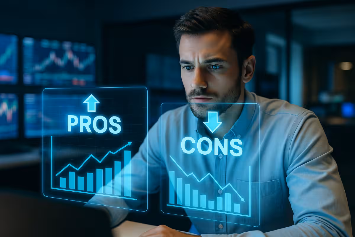 A trader reviewing a split-screen holographic display showing pros and cons lists with financial charts, symbolizing decision-making in Roll vs. Close strategies.