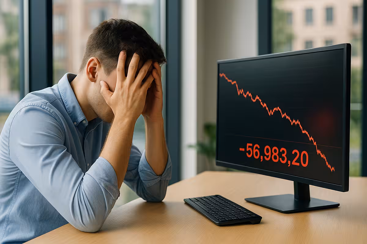 Photorealistic image of a young trader in a modern office, showing stress while viewing steep trading losses on a widescreen monitor, representing psychological pitfalls for new traders.