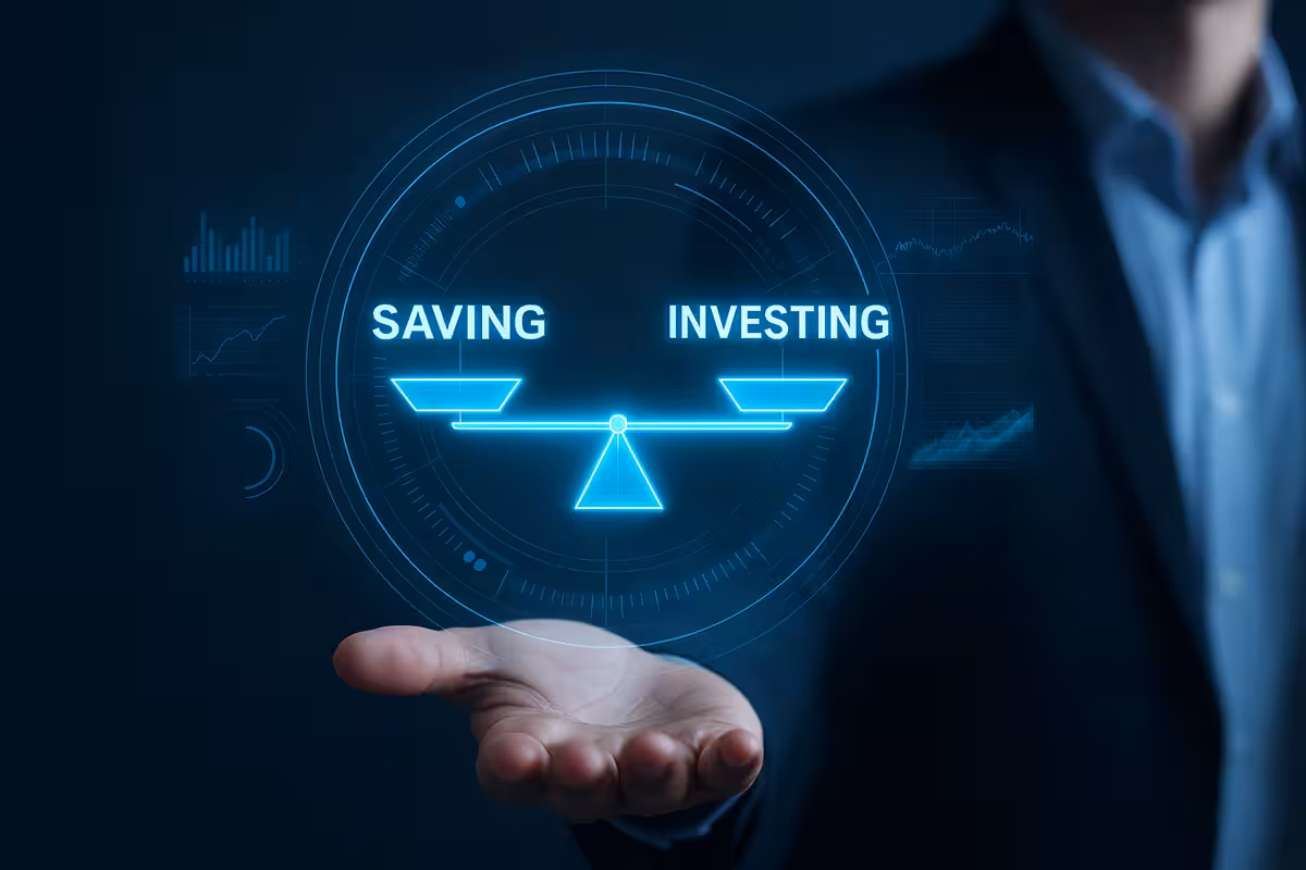 Futuristic holographic display showing financial charts comparing saving and investing goals in a modern office setting.