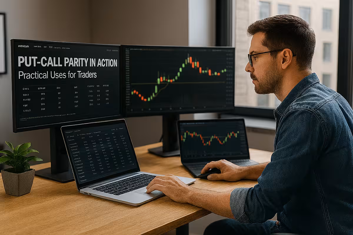 Photorealistic widescreen image of a casually dressed trader at an extended multi-monitor desk setup in a modern office, analyzing practical applications of put-call parity with charts and data on screens