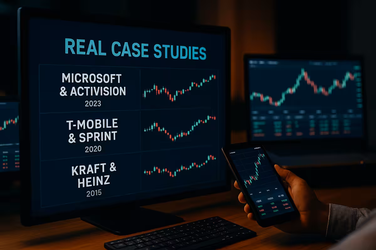 Photorealistic image of trading screens showing multiple stock charts labeled as real case studies, with a hand holding a tablet displaying another price chart.