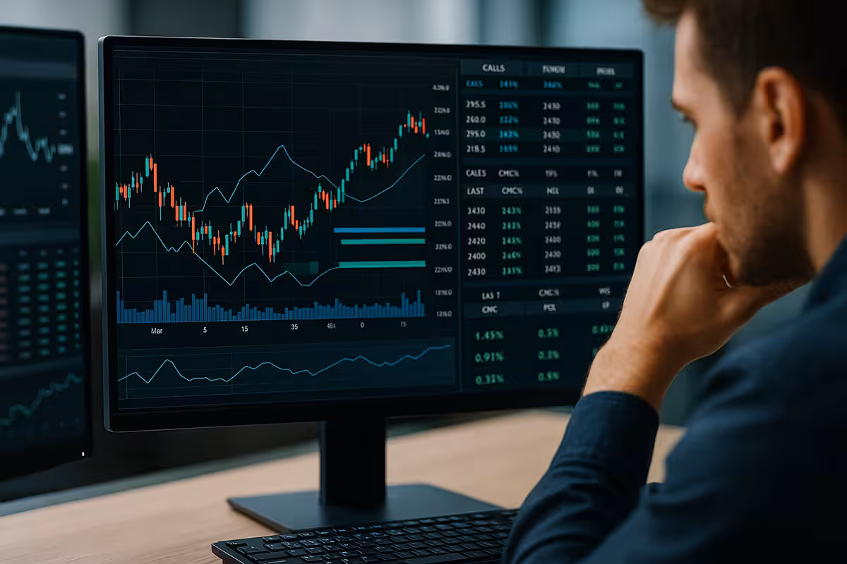 A photorealistic digital photograph of a trader’s workstation with multiple widescreen monitors displaying three different financial charts side by side, symbolizing 3 real examples of custom spreads in options trading.