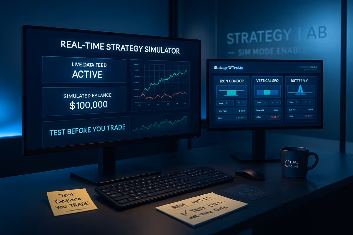 Photorealistic widescreen image of a high-tech options trading strategy lab with a multi-monitor workstation. The central monitor displays a dashboard labeled “Real-Time Strategy Simulator,” with glowing modules showing “Live Data Feed Active,” a simulated balance of $100,000, and a real-time profit and loss graph in green and red. A secondary screen presents an options trade builder with multi-leg strategy tiles labeled “Iron Condor,” “Vertical Spread,” and “Butterfly,” including bid/ask spread metrics below each. A sticky note near the keyboard reads, “Test Before You Trade – Simulate with Real-Time Data.” The room is illuminated with cool ambient lighting and soft blue highlights. A glass wall in the background is etched with the phrase “Strategy Lab – Sim Mode Enabled.” No trader is present. The scene conveys a modern, data-driven, and risk-free environment for testing options strategies using real-time simulations.
