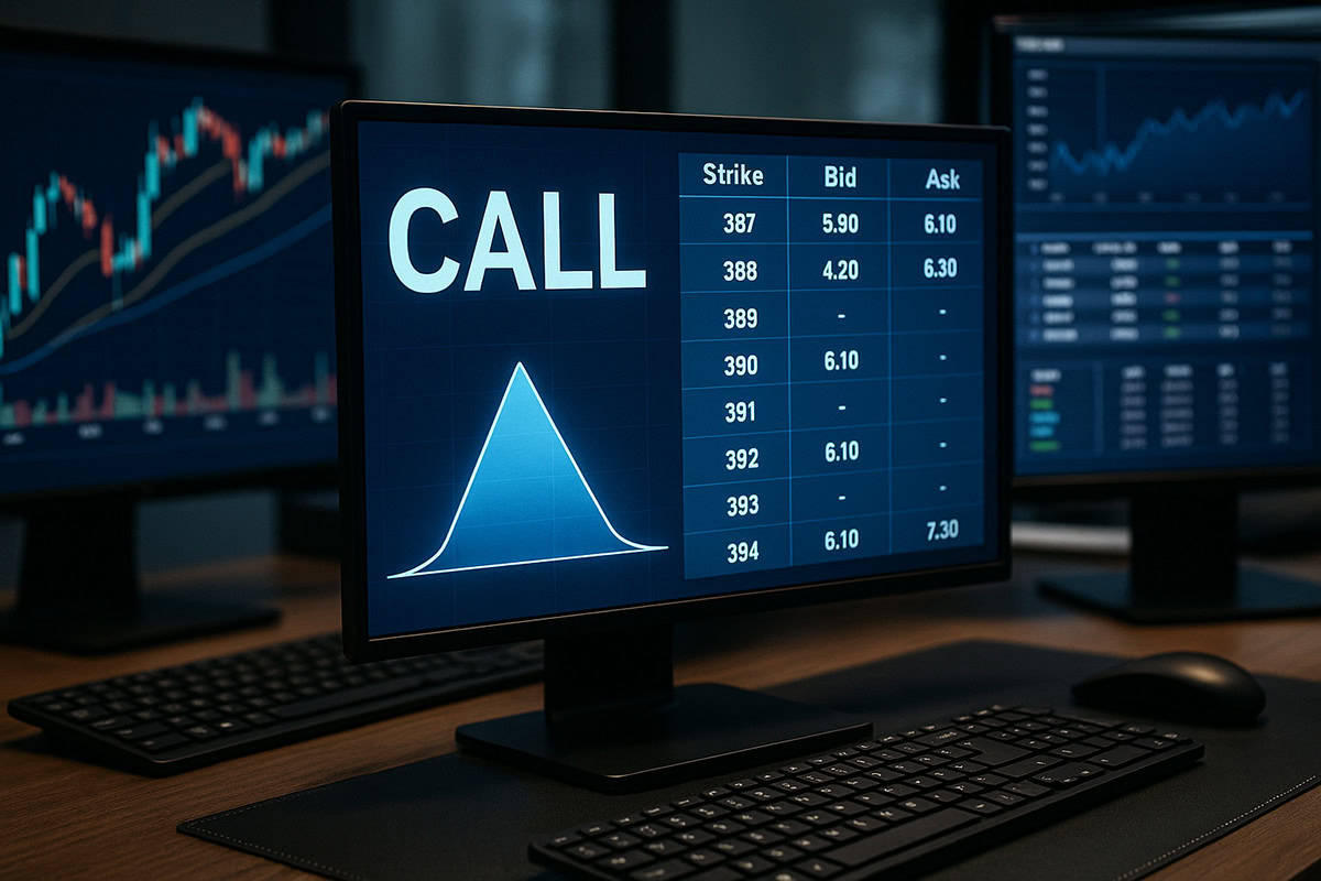 Photorealistic image showing multiple trading monitors displaying options pricing, volatility charts, and call/put data, illustrating a real-world example of market maker strategies.