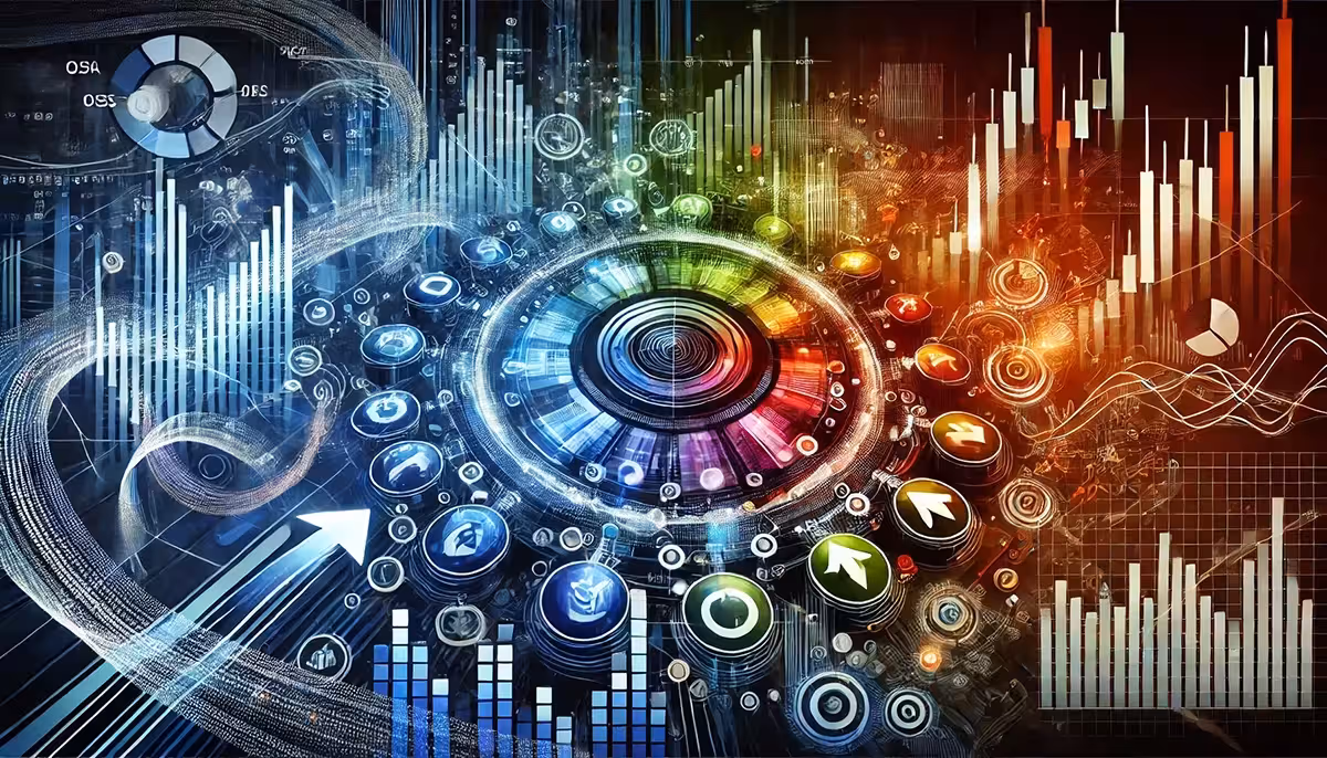 Minimalist abstract image of sector rotation using options, with flowing data streams and cyclical visuals in a sleek, futuristic blue-green-red palette.