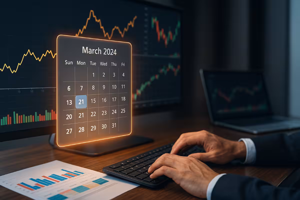 Photorealistic image of a tablet displaying financial charts on a desk with a laptop showing market graphs, representing real-world use cases for calendar arbitrage.