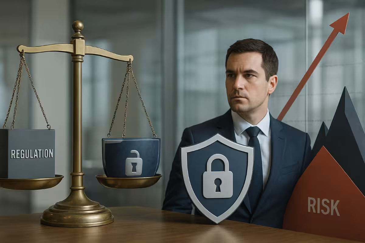 A photorealistic widescreen image of a professional trader analyzing market charts beside balanced regulation and risk symbols in a modern office, illustrating the regulatory and risk landscape in options trading.