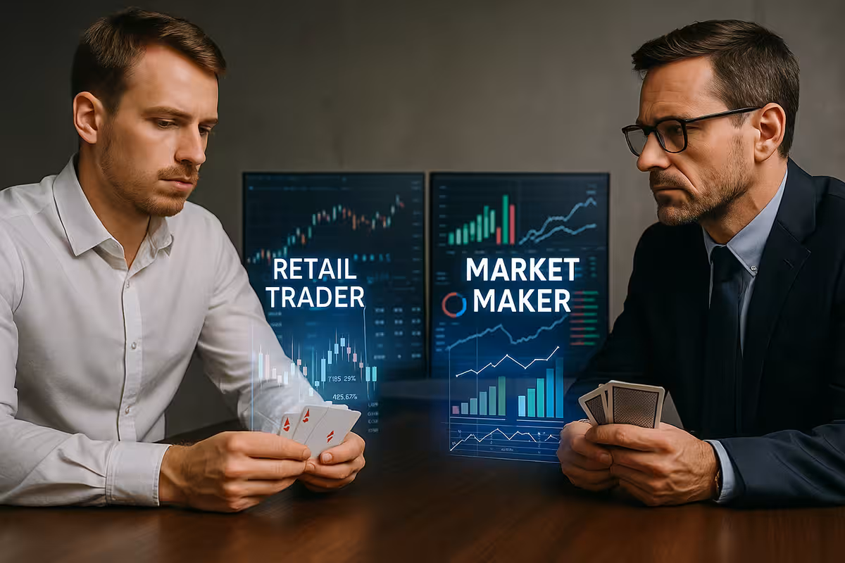 Photorealistic image showing a retail trader and a market maker facing off, with cards in hand and financial charts in the background, symbolizing the competitive dynamics between them.