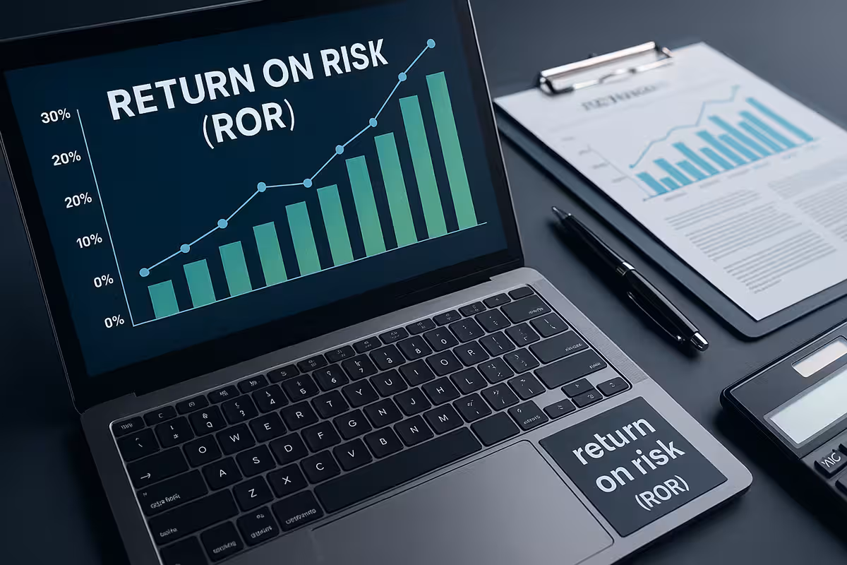 Photorealistic trading desk with a laptop showing a return on risk (ROR) graph, financial documents, calculator, and pen, symbolizing precise risk-return analysis.