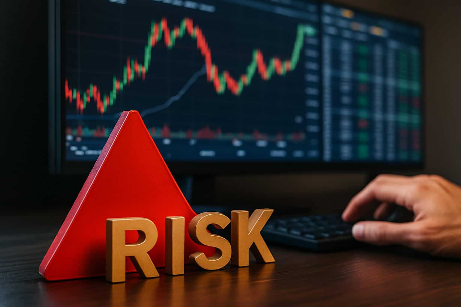 Red warning triangle in front of a trading screen with stock charts, symbolizing financial risk in trading.