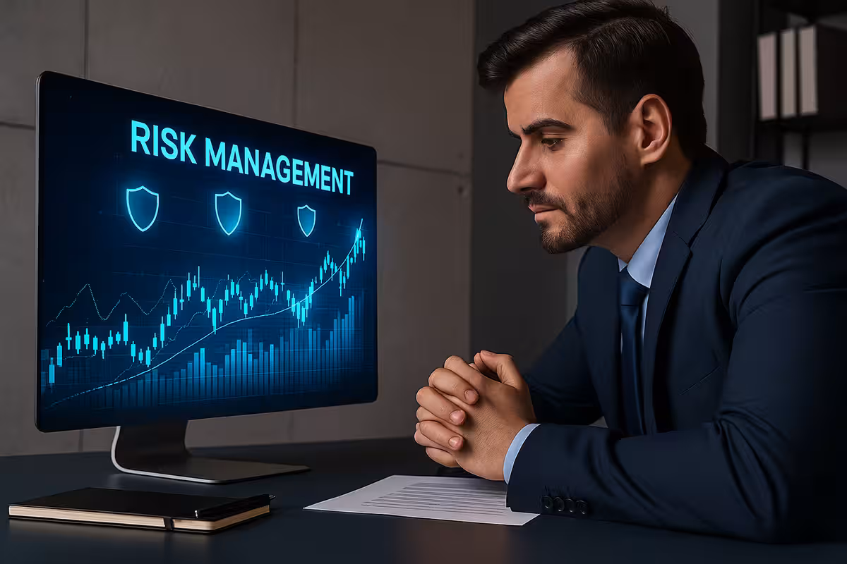 Photorealistic image of a businessman analyzing risk management strategies on a widescreen monitor with financial charts and graphs in a modern office.
