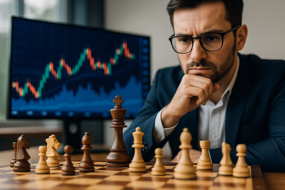 Photorealistic widescreen image of a trader analyzing a chessboard with the king protected by pawns, financial charts in the background, symbolizing Chess and risk management.