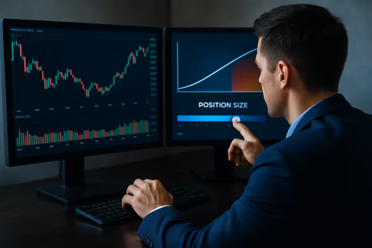 Trader adjusting position size while analyzing risk on dual trading monitors displaying financial charts and risk curves.