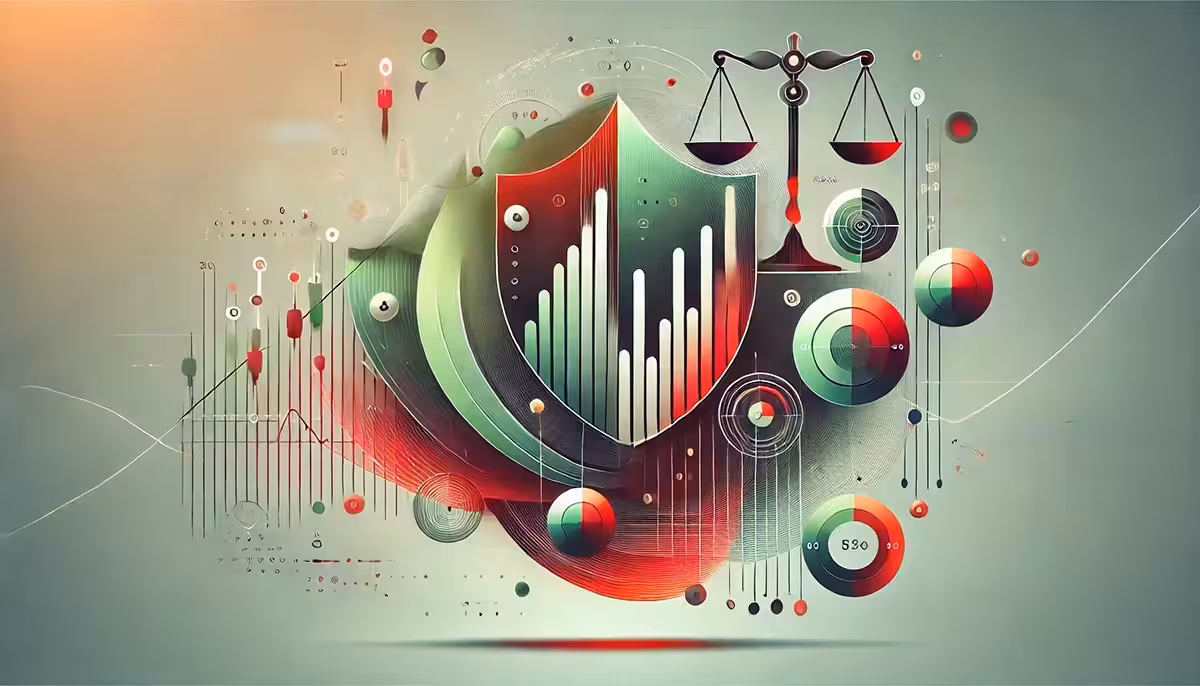 A digital illustration features a shield with graphs, scales of justice, and circular charts, conveying a theme of security and balance in data analysis.