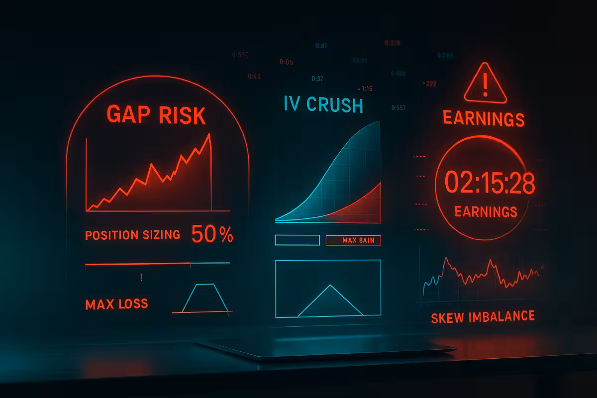 A photorealistic widescreen holographic risk dashboard projected above a glass desk, showing red and teal alerts for gap risk, IV crush, position sizing, and skew imbalance before earnings.