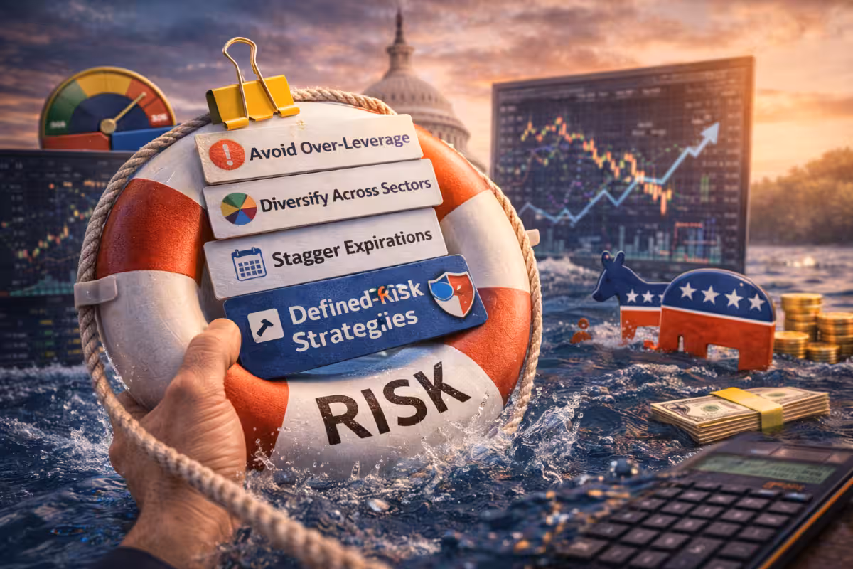 A photorealistic widescreen image showing turbulent waters with political symbols, market charts, and risk indicators, representing risk management challenges in election-year options trading.