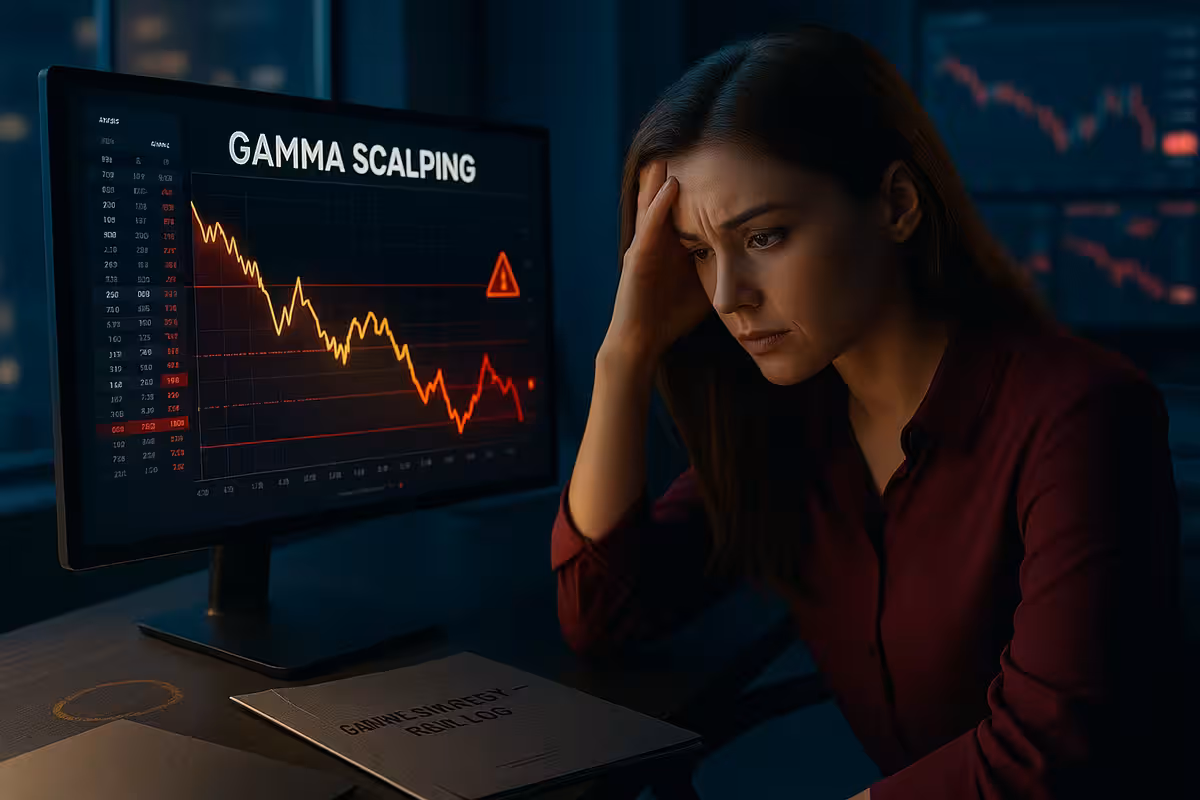 A widescreen photorealistic image of a young woman with long brown hair sitting at a modern trading desk at night, looking worried as she stares at her monitor. Her hand rests against her forehead, and the screen displays a gamma scalping chart with a steep downward trend highlighted in red and orange tones. A red warning icon is visible on the graph. The dim office is lit by the monitor's glow and ambient blue lighting, with additional red-trending charts blurred in the background. A document labeled "Gamma Strategy – Risk Log" lies on the desk in front of her, emphasizing concern over the strategy’s performance.
