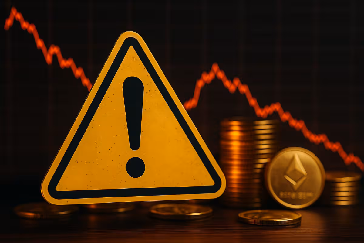 Photorealistic image of a yellow triangular warning sign with an exclamation mark placed in front of stacked gold Ethereum coins, with a red downward-trending chart in the background, symbolizing financial risk in DeFi options trading.