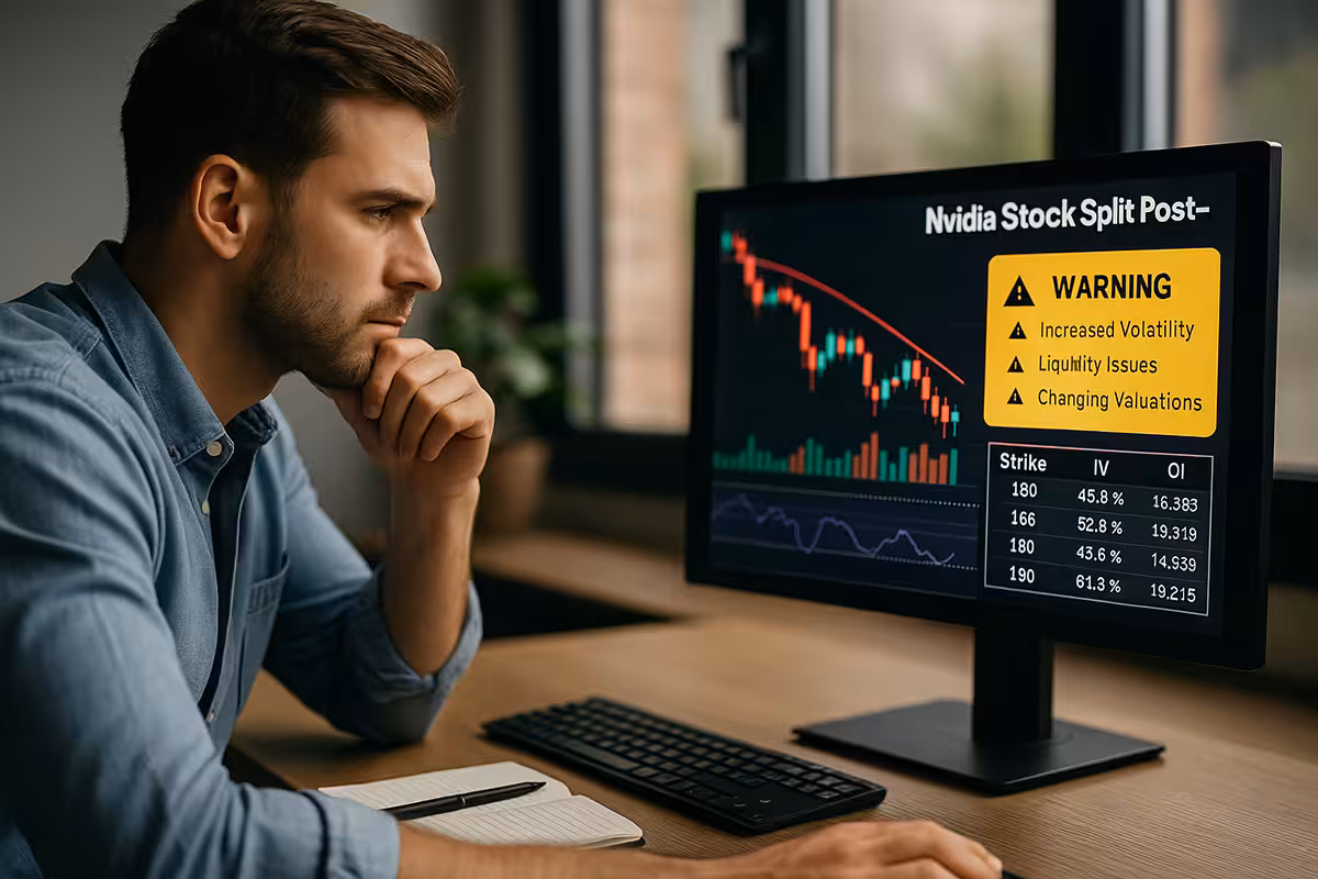 Photorealistic image showing a trader analyzing Nvidia options data on a widescreen monitor, highlighting risks and considerations after the Nvidia stock split.