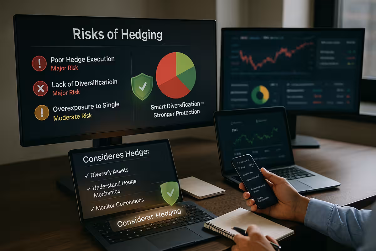 A highly realistic digital illustration styled as a natural, moody high-resolution photograph. The scene shows a professional trading desk setup bathed in soft natural daylight, slightly muted by overcast skies outside a large window. *At the center, a trading monitor displays a glowing dashboard titled “Risks of Hedging.” It highlights: “Poor Hedge Execution” (major risk, red warning icon) “Lack of Diversification” (major risk, red warning icon) “Overexposure to Single Sectors” (moderate risk, yellow warning icon)* Next to it, two pie charts are displayed: one unbalanced in red shades (poor diversification) and one well-diversified in green hues. Floating above the green chart is a glowing green shield labeled “Smart Diversification = Stronger Protection.” *A second laptop screen shows a checklist titled “Considerations Before Hedging,” listing: Diversify Assets Understand Hedge Mechanics Monitor Correlations* The trader’s hands are visible—holding a smartphone displaying trading notes while another hand jots down observations in a notepad. In the background, a muted third screen shows real-time financial market movements. The mood is thoughtful, analytical, and quietly intense, perfectly representing a smart, cautious approach to hedging strategies.