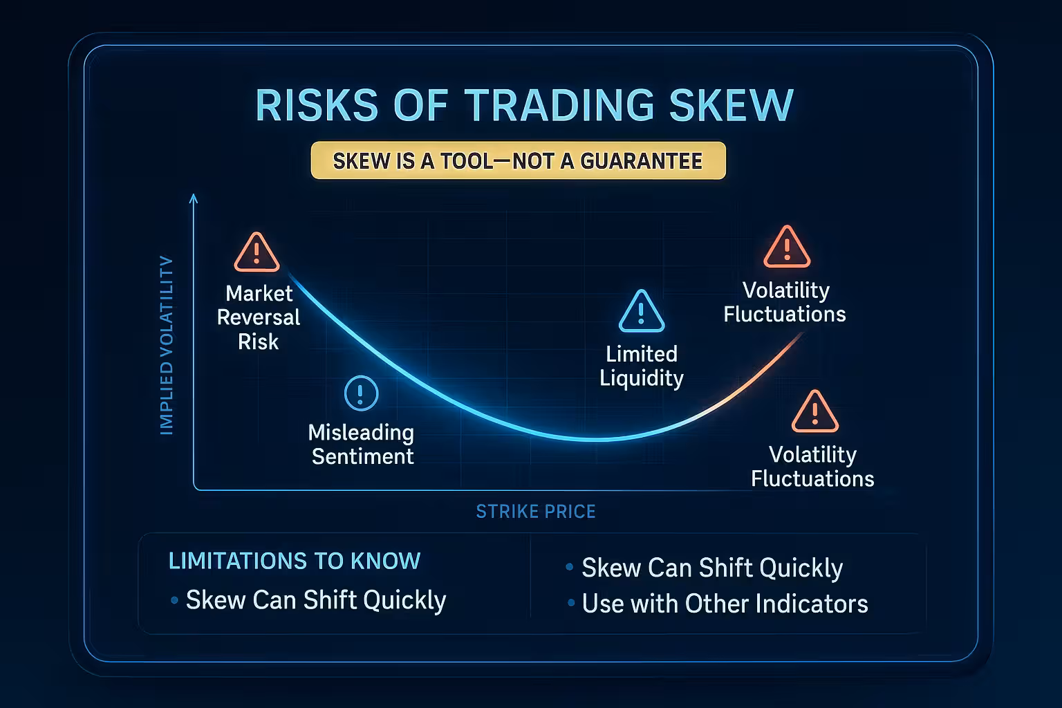A highly realistic digital illustration of a futuristic trading interface titled “Risks of Trading Skew.” The centerpiece is a stylized implied volatility skew chart with an uneven curve across various strike prices, glowing softly in blue tones. *Along the curve are illuminated caution icons with beginner-friendly labels: “Market Reversal Risk” “Misleading Sentiment” “Limited Liquidity” “Volatility Fluctuations”* *A bright yellow banner at the top reads: “SKEW IS A TOOL—NOT A GUARANTEE.” Below the chart, a sleek, semi-transparent panel displays a checklist titled “Limitations to Know,” featuring: “Skew Can Shift Quickly” “Use with Other Indicators”* The entire layout is presented on a high-tech dashboard with glowing outlines, dark background gradients, and crisp typography—designed to be both visually engaging and approachable for beginner to intermediate traders. The scene evokes precision and clarity, emphasizing thoughtful awareness of risk without creating alarm.
