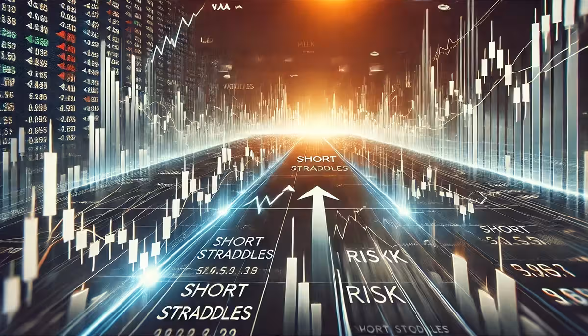 Chart with sharp price swings showing short straddle risk exposure and potential losses from extreme market moves.
