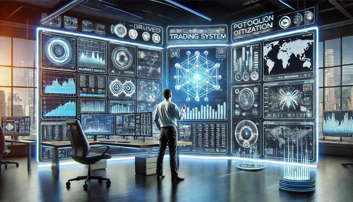 The image showcases a high-tech trading environment with multiple large monitors displaying AI-driven market analysis, algorithmic trading strategies, and expanding data visualizations. Digital elements such as financial data streams, neural networks, and automation pathways blend seamlessly into the modern workspace. The atmosphere is sleek and technologically advanced, emphasizing AI-powered trading growth and scalability. The scene is further simplified for a cleaner, minimalistic look, focusing purely on technology and automation.
