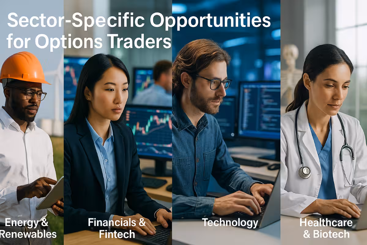 Photorealistic collage showing sector-specific opportunities for options traders: an engineer in energy and renewables, a fintech analyst, a technology developer, and a healthcare professional in biotech.
