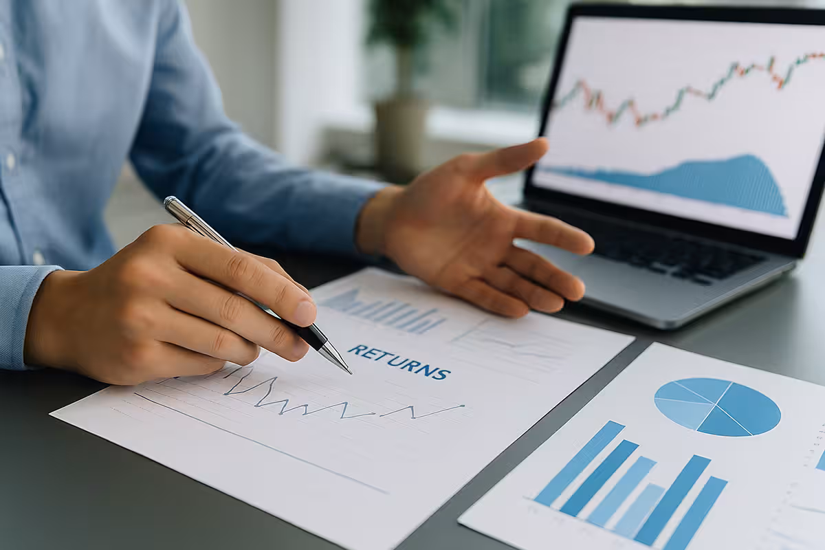 Photorealistic image showing a person analyzing returns and financial data on paper charts alongside a laptop displaying stock graphs, symbolizing setting realistic expectations in options trading.