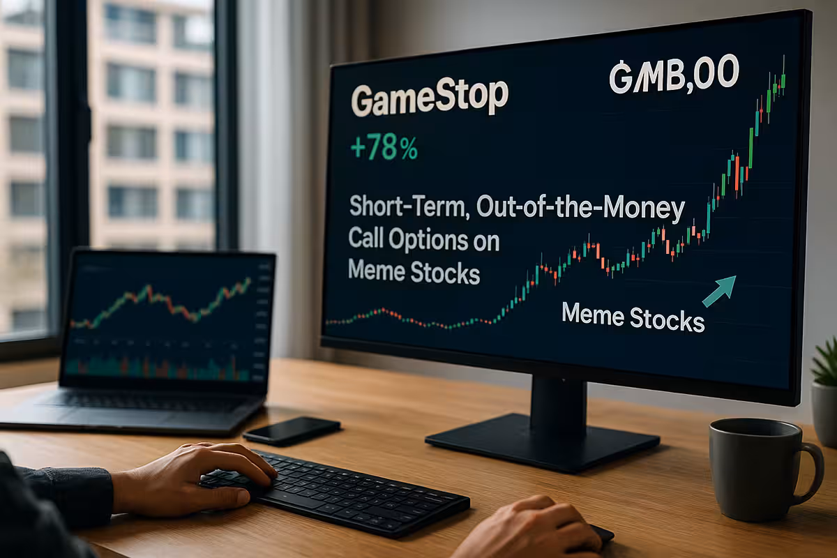 Photorealistic widescreen image of a young trader in a casual home office setup, viewing a meme stock chart with sharp spikes on multiple monitors, reflecting risky short-term OTM call trading behavior
