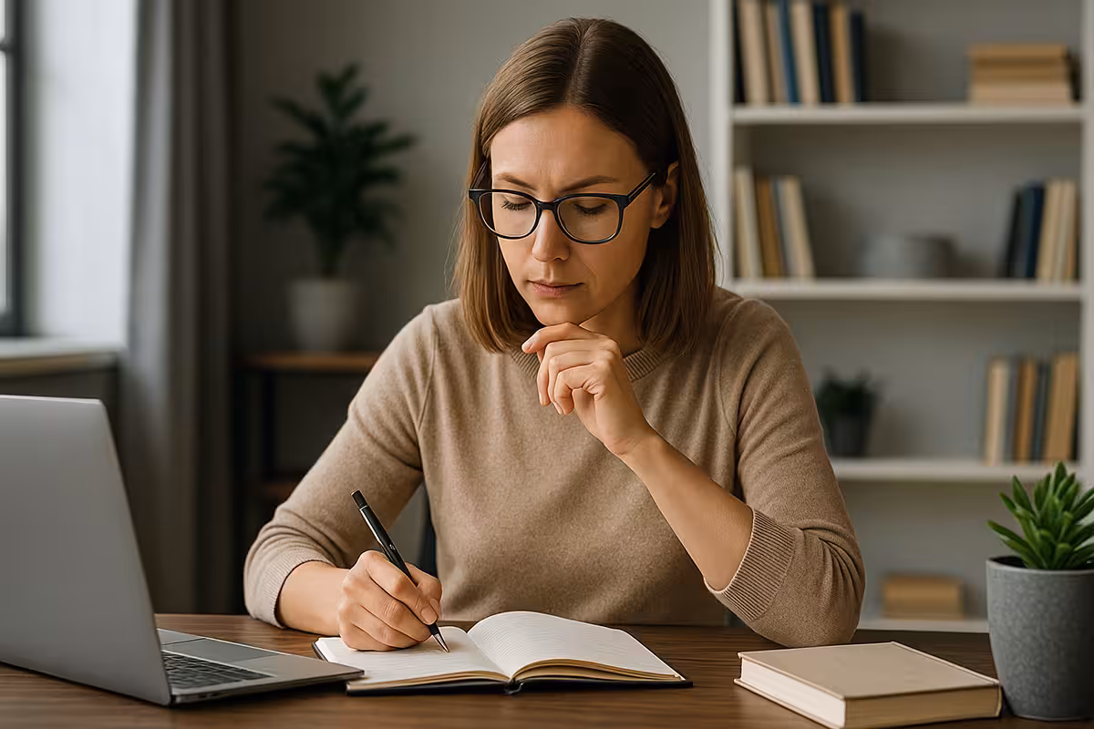 Photorealistic widescreen image of a curious young man in a casual home office, reading financial charts on a laptop with a notebook beside him, representing a self-taught quant learner