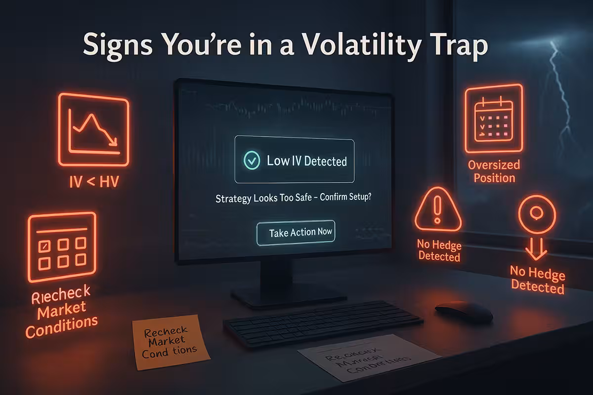 A widescreen photorealistic digital illustration of a modern options trading desk surrounded by glowing red caution indicators. The main monitor shows a green interface labeled “Low IV Detected” with a prompt that reads “Strategy Looks Too Safe – Confirm Setup?” Floating around the desk are five warning signs: a shrinking volatility chart labeled “IV < HV,” a calendar with unchecked macro event boxes, a trade ticket marked “Oversized Position,” a sticky note that says “Free Money?” with a circled question mark, and a red exclamation icon labeled “No Hedge Detected.” A note on the desk reads “Recheck Market Conditions.” Subtle red text like “Complacency” and “Underpriced Risk” fades into the background wall, while lightning flickers through a window, hinting at hidden market volatility. The scene is calm but cautionary, highlighting signs of a volatility trap.