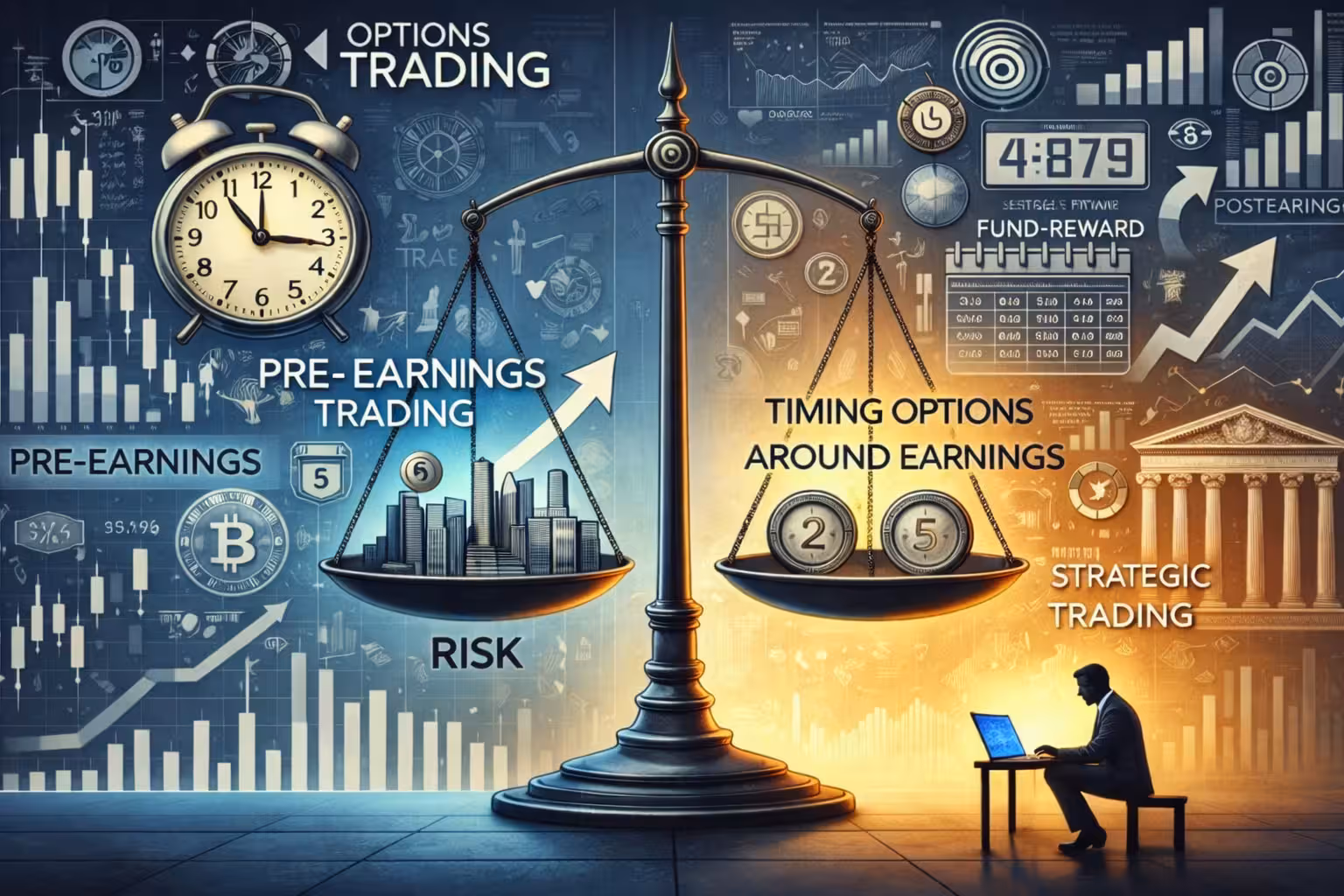 Options trading strategy illustration showing timing trades before and after earnings announcements with stock charts and risk-reward balance.