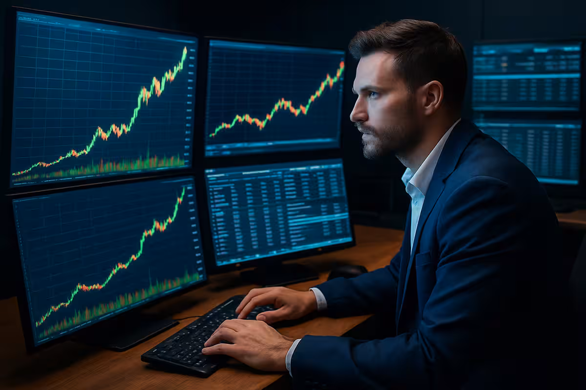 Focused trader analyzing multiple rising stock charts on large monitors, symbolizing strategies that worked well during volatile markets.