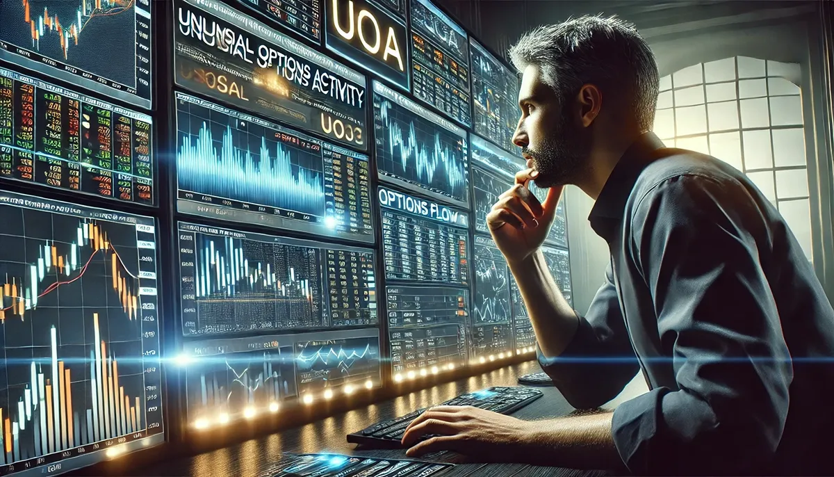 A highly detailed and realistic close-up representation of a trader analyzing unusual options activity (UOA) on a multi-screen trading setup. The trader, deep in thought, is closely examining glowing market indicators, options flow data, and stock movement charts. The screens display institutional trade alerts, contrarian signals, and event-driven trading insights. The atmosphere is sleek, modern, and data-driven, highlighting the intense focus required for high-level options trading.