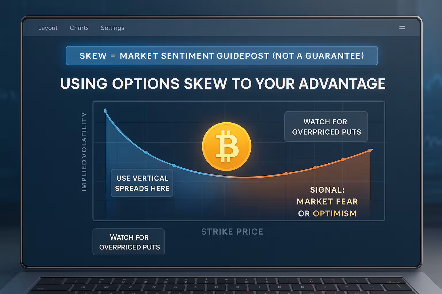 A highly realistic digital illustration of a clean, modern trading interface titled “Using Options Skew to Your Advantage.” At the center is a smooth, color-coded implied volatility skew chart, with the vertical axis labeled “Implied Volatility” and the horizontal axis labeled “Strike Price.” The curve dips slightly on the left and rises gently on the right, visually showing a skew pattern. *Floating, beginner-friendly tooltips around the chart include: “Use Vertical Spreads Here” (on the left dip) “Watch for Overpriced Puts” (on the elevated right side) “Signal: Market Fear or Optimism” (highlighting the skew’s message)* A glowing banner at the top of the interface reads: “SKEW = MARKET SENTIMENT GUIDEPOST (NOT A GUARANTEE).” The design is minimal and intuitive, featuring crisp typography and soft gradients, with a soft-blue modern background. A glowing Bitcoin symbol sits in the center of the skew, serving as a visual reference point. The layout appears on a high-resolution digital screen, framed as part of a desktop or laptop trading platform interface. It’s designed to be educational, clear, and ideal for helping beginner options traders learn how to interpret skew.