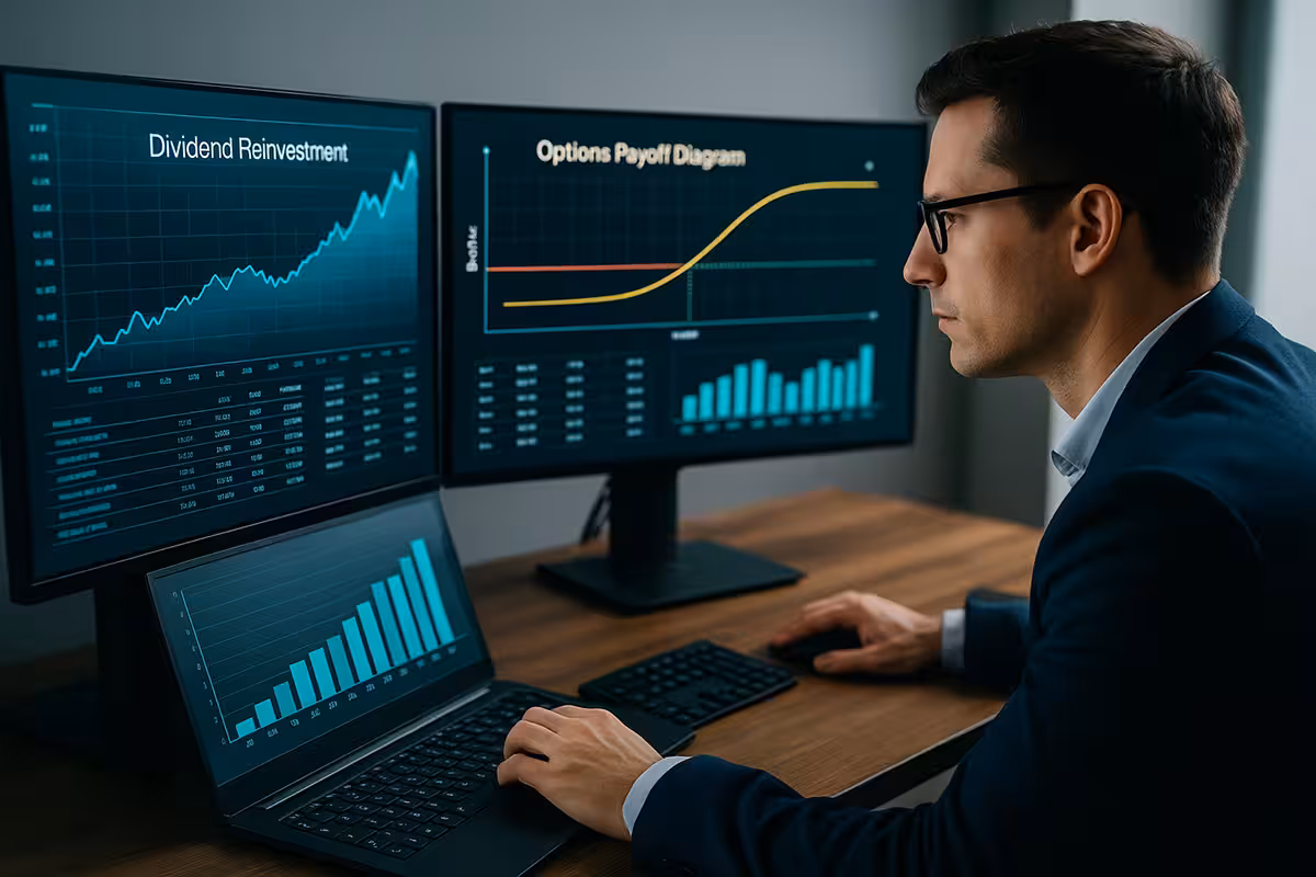 Modern trading desk with a professional trader analyzing dividend reinvestment charts, options payoff diagrams, and yield projections on widescreen monitors, symbolizing strategy combinations to maximize yield.