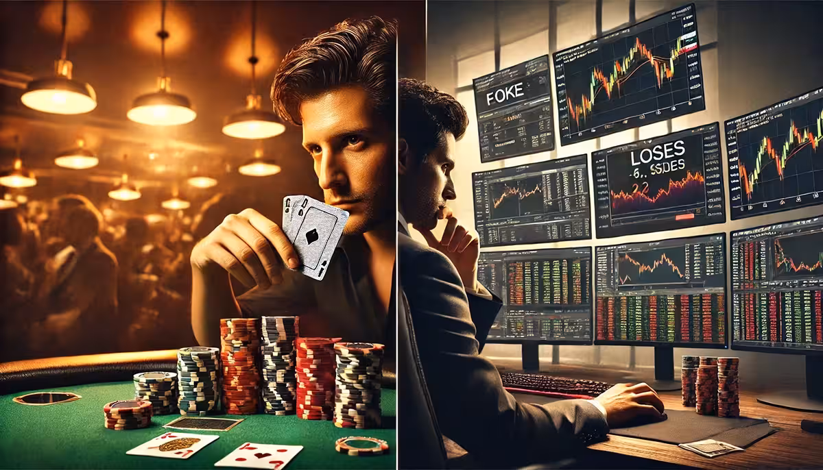 A highly realistic digital image showing two scenes side by side. On the left, a serious poker player in a casino setting is folding their cards, showing calm resignation. Chips and cards are clearly visible, with warm lighting and realistic detail. On the right, a professional trader in a modern office environment is closing a losing trade on a multi-monitor setup, with charts showing losses and a confirmation window on screen. The trader looks focused but composed, showing emotional control. The image captures the parallel between folding in poker and exiting a bad trade in the stock market.