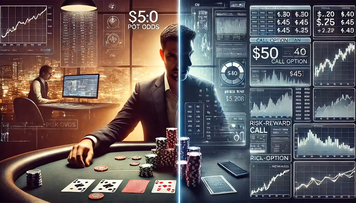A clean and professional digital illustration representing the concept of risk-reward strategy in options trading without referencing poker. The image features a focused options trader at a modern workstation, analyzing charts and call option data on a large monitor. The screen shows a $50 call option on a $45 stock with risk-reward graphs and volatility indicators. The workspace includes trading tools and financial data, creating an environment of analytical precision. The color palette is sleek and tech-oriented with blues and grays, creating a serious and professional mood. No references to poker or gambling elements are included.