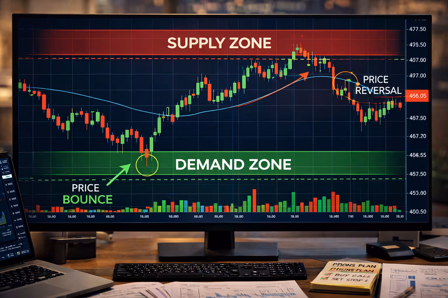 Candlestick chart highlighting supply and demand zones used by traders to identify potential price reversals
