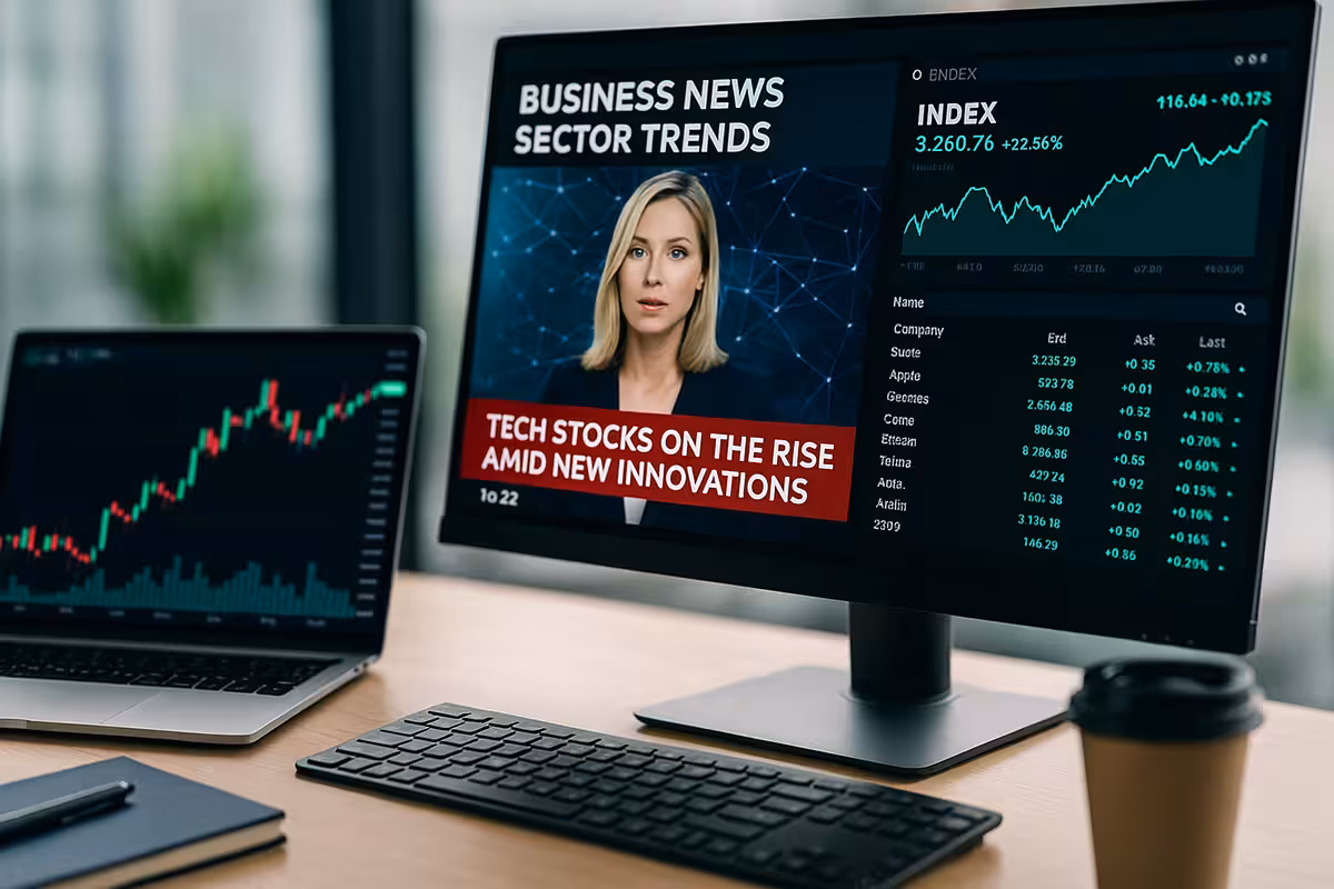 High-resolution photorealistic image showing a trading workspace with a widescreen monitor displaying financial news, stock charts, and sector trends for tech stocks.