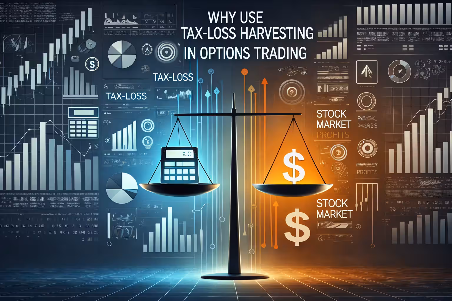 Tax-loss harvesting in options trading concept with balance scale, calculator, dollar sign, and stock market charts in blue and orange financial background.