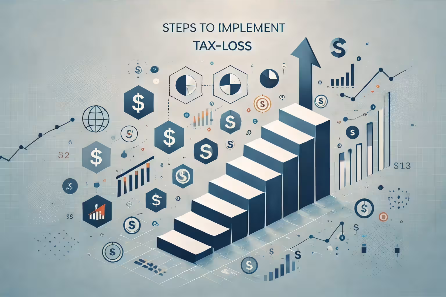 Steps to implement tax-loss harvesting in options trading with staircase graphic, financial charts, dollar icons, and upward growth arrow.
