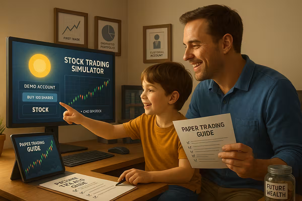 A highly realistic digital illustration of a warm, educational home setting where a parent and child sit together at a computer, smiling as they explore a stock trading simulator on screen. The child, excited and engaged, points at a digital chart showing upward trends, while the parent gently guides them using a document titled “Paper Trading Guide.” The computer screen displays a demo account interface with mock trades and stock performance graphics. Around them, the workspace is cozy and inspiring, with a savings jar labeled “Future Wealth” and framed images on the wall celebrating milestones like “First Trade,” “Diversified Portfolio,” and “Custodial Account.” The atmosphere is filled with hope, financial literacy, and a sense of legacy-building through early exposure to trading concepts.