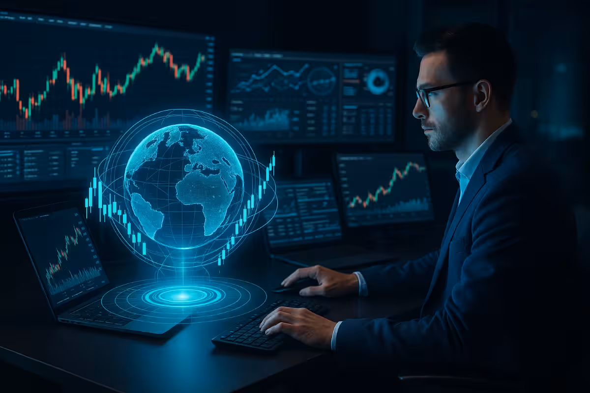 Photorealistic scene of a financial trader at a futuristic workstation with holographic globe, AI-driven charts, and advanced trading tools representing the future of options trading technology.