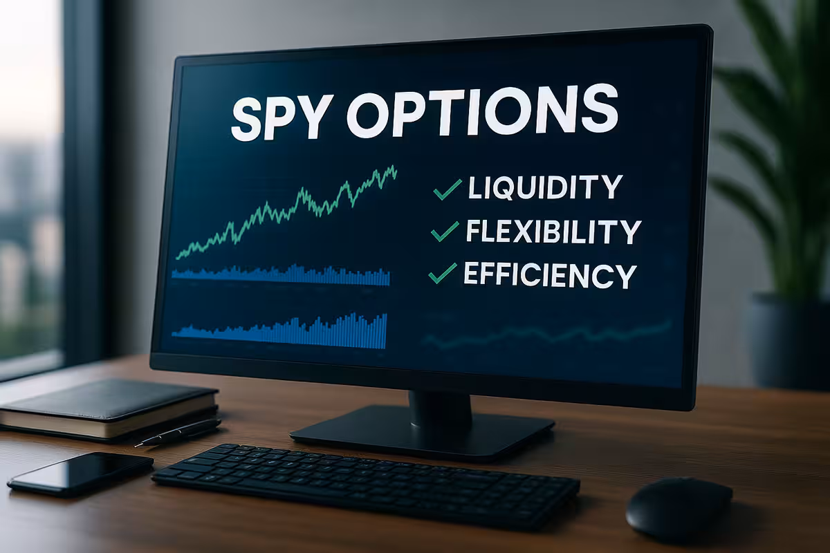 Photorealistic widescreen image of a modern trading desk showing SPY Options charts and data, symbolizing liquidity, flexibility, and efficiency benefits.