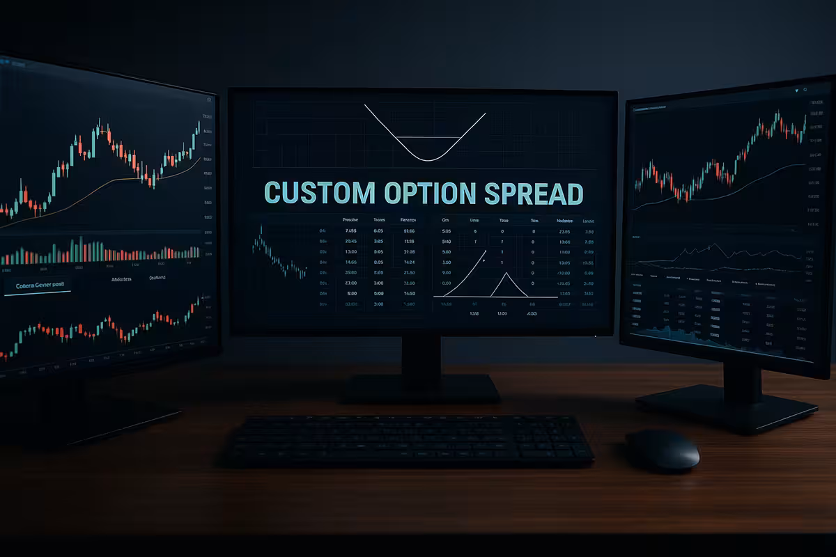 A photorealistic digital photograph of three widescreen monitors displaying customizable option spread charts and analytics, symbolizing the case for customization in trading without a trader present.